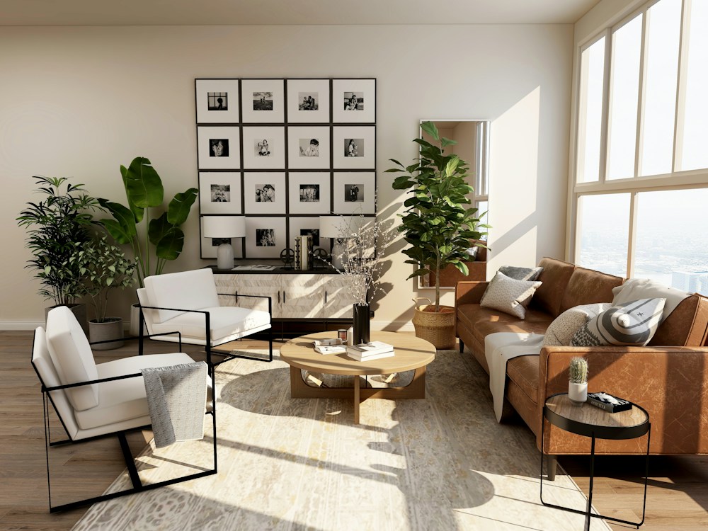 Sunlit living room with a sofa, rug and neatly arranged furniture